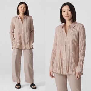 NWT EILEEN FISHER Petite Crinkled Side-slit Habotai Silk Shirt In Neutral